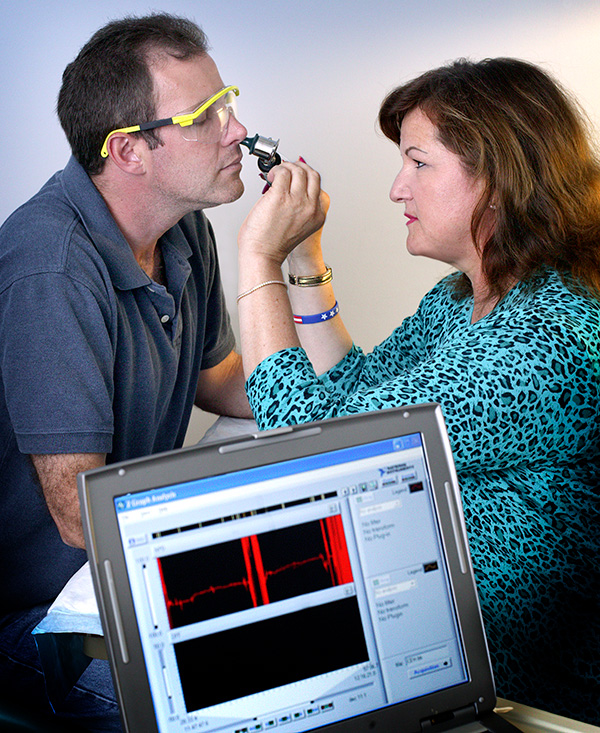 Nasal potential difference (NPD) measurement performed as part of a clinical trial.